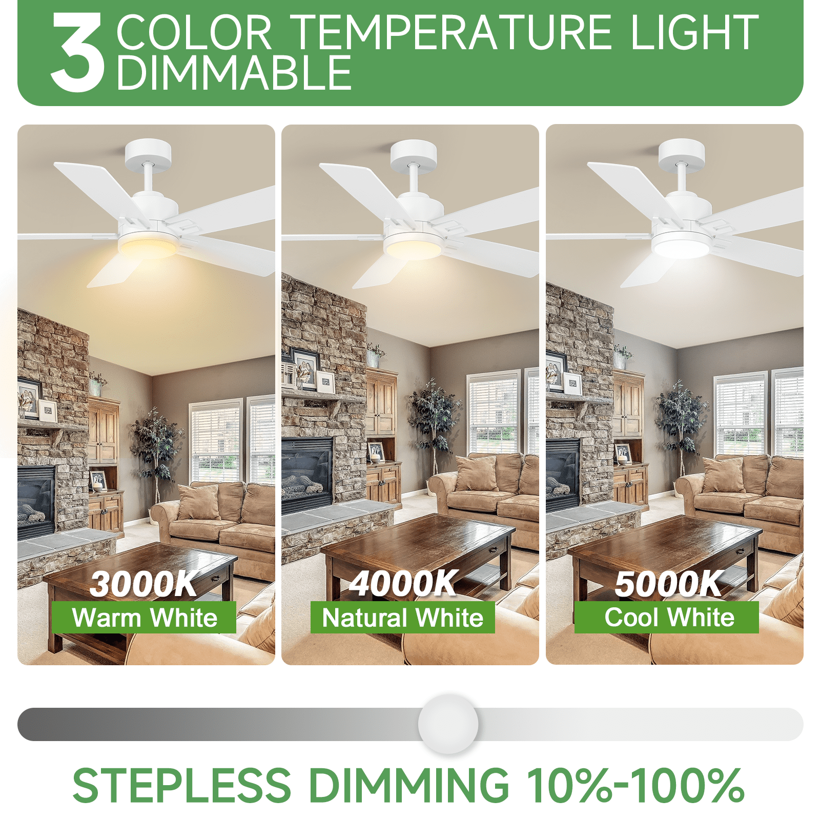 52 inch White Ceiling Fan with Light, Works with Alexa & App, Quiet Reversible DC Motor for Indoor Outdoor, 4-in-1 Modern Style with 2 Sets of Reversible Blades