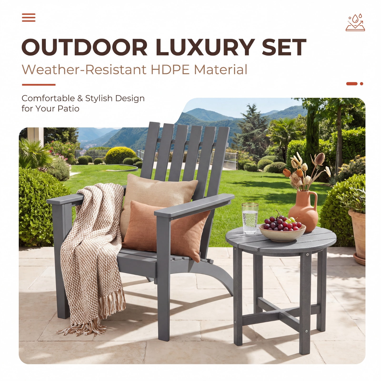 Furnibear Set of 2 18 Inch Round Weather Resistant Adirondack Side Tables with Slatted Top and HDPE Build for Patio Poolside and Garden, Gray