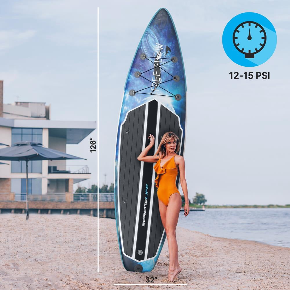 SereneLife Inflatable Stand Up Paddle Board (6 Inches Thick) with Premium SUP Accessories & Carry Bag | Wide Stance, Bottom Fin for Paddling, Surf Control, Non-Slip Deck | Youth & Adult Standing Boat