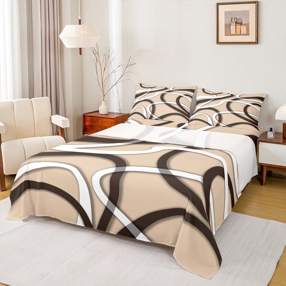 Homewish Abstract Stripes 3pcs Twin Sheet Sets For Teens Boys Girls,Geometric Lines Twin Fitted Sheet,Vintage Aesthetic Breathable Flat Sheet,Ultra Soft Home Decor