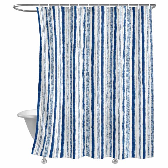 Navy Blue Stripes Shower Curtain, Modern Coastal Minimalist Watercolor Lines Lightweight Waterproof Fabric Shower Curtain with Rustproof Grommets for Bathroom Bathtub 72x84in