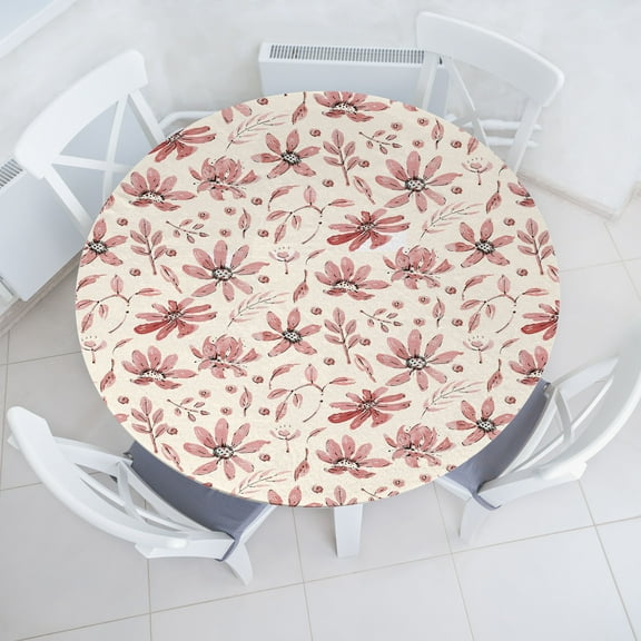 Ambesonne Floral Inspiration Fitted Round Tablecloth, Botanical Theme, 56"- 60" Diameter, Dried Rose and Eggshell