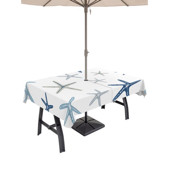 Outdoor Tablecloths with Umbrella Hole & Zipper, Navy Blue Beige Starfish Tablecloth Rectangle 60x84 Inch, Coastal Summer Beach Nautical Waterproof Table Cloth, Patio/Pool/Picnic Table Covers