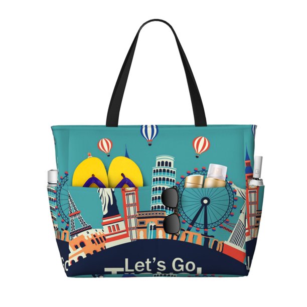 Fotbe Let's go Travel Bolsa de Viaje para Playa - Resistente al Agua, Bolsa Tote de Gran Capacidad y Ligera con 7 Bolsillos para Mujeres y Hombres