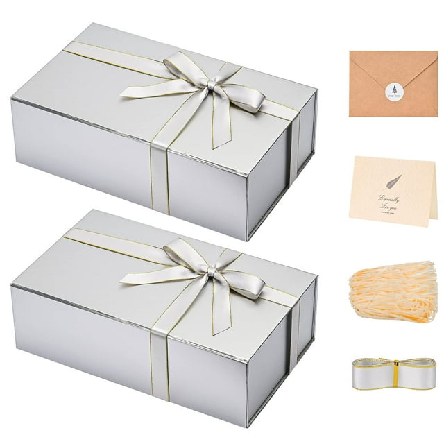 Cajas de regalo LIFELUM, paquete de 2 unidades, 35 x 21 x 11 cm, color plateado con cinta