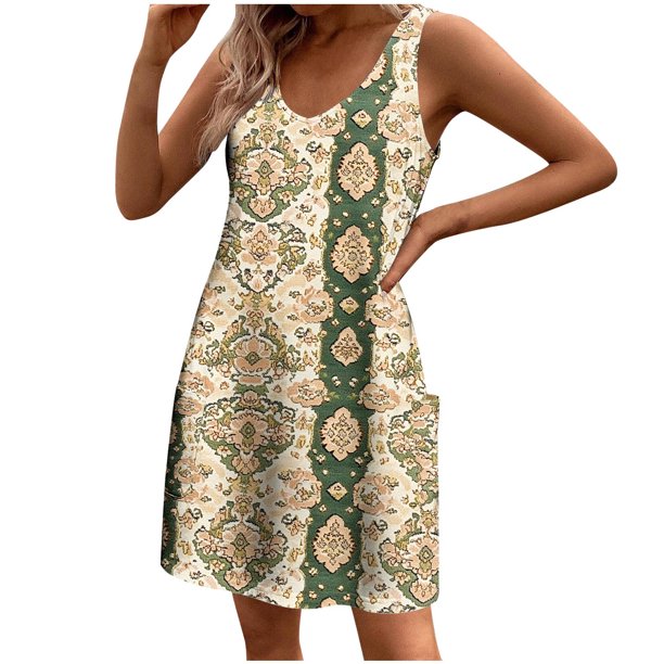 Vestidos de Verano con Cuello en V para Mujeres 2025 Vestido de Tanque de Playa Boho Casual con Bolsillos, Estilo de Camiseta de Ajuste Suelto para Diario, Fiesta Y Vacaciones