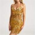 thumbnail image 4 of Lolmot Women's Layered Fringe Deep V Neck Cami Mini Dress Sleeveless Tassels Flapper Dresses Sexy Halter Neck Tassel Fringe Sparkly Party Dress Cocktail Evening Mini Bodycon Dress, 4 of 5