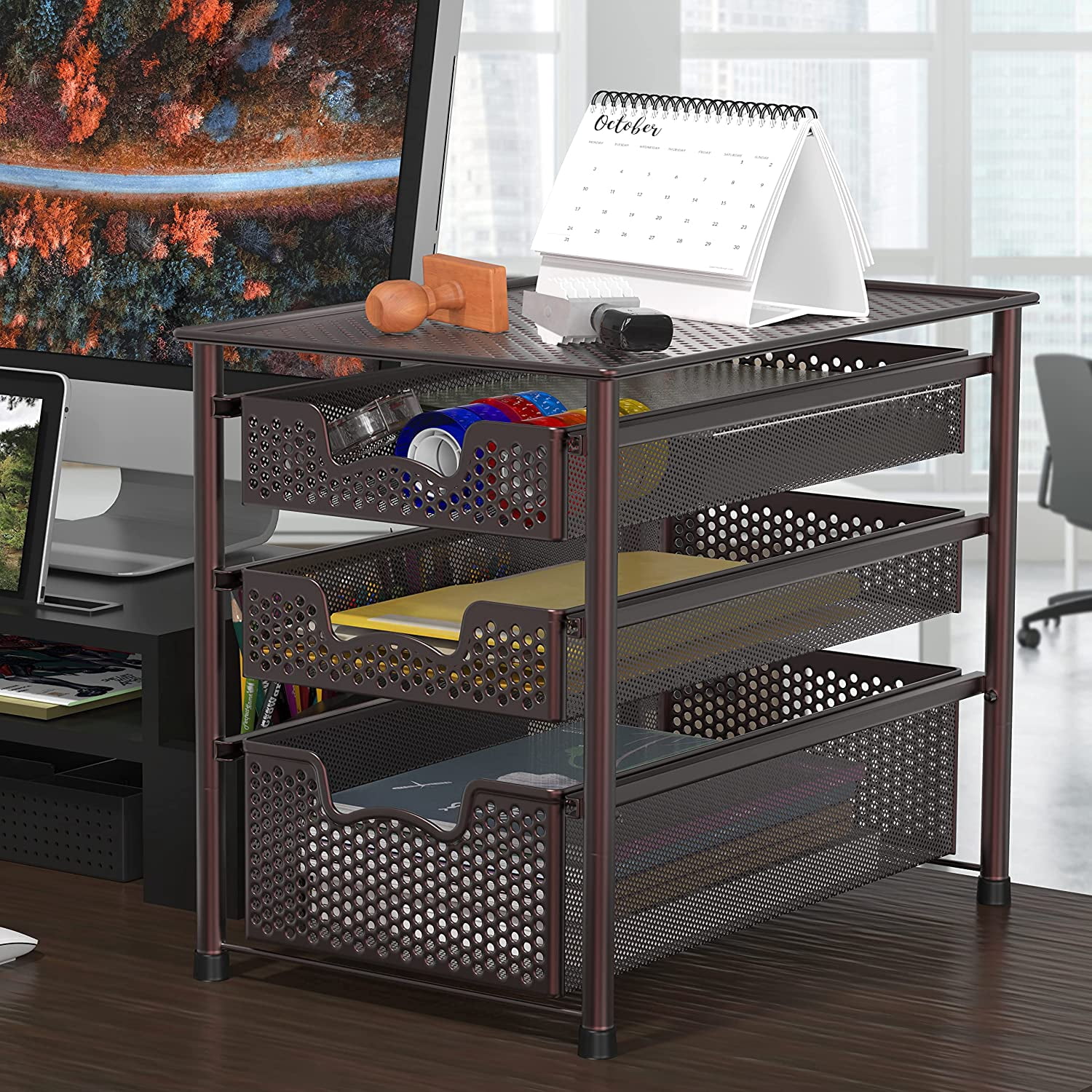 Stackable 3 Tier Sliding Basket Organizer Drawer, Bronze Finish, Kitchen Storage Rack, Space Saving Drawer Organizer, Adjustable Storage Solution