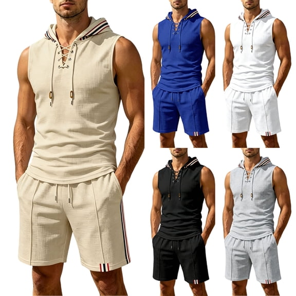 Sentmoon Cruise Outfits for Men Mens Shirts Casual and Work Pants for Men Solid Color Sleeveless Summer Regular Fit Oversized Jogging Tracksuit S-XXXL