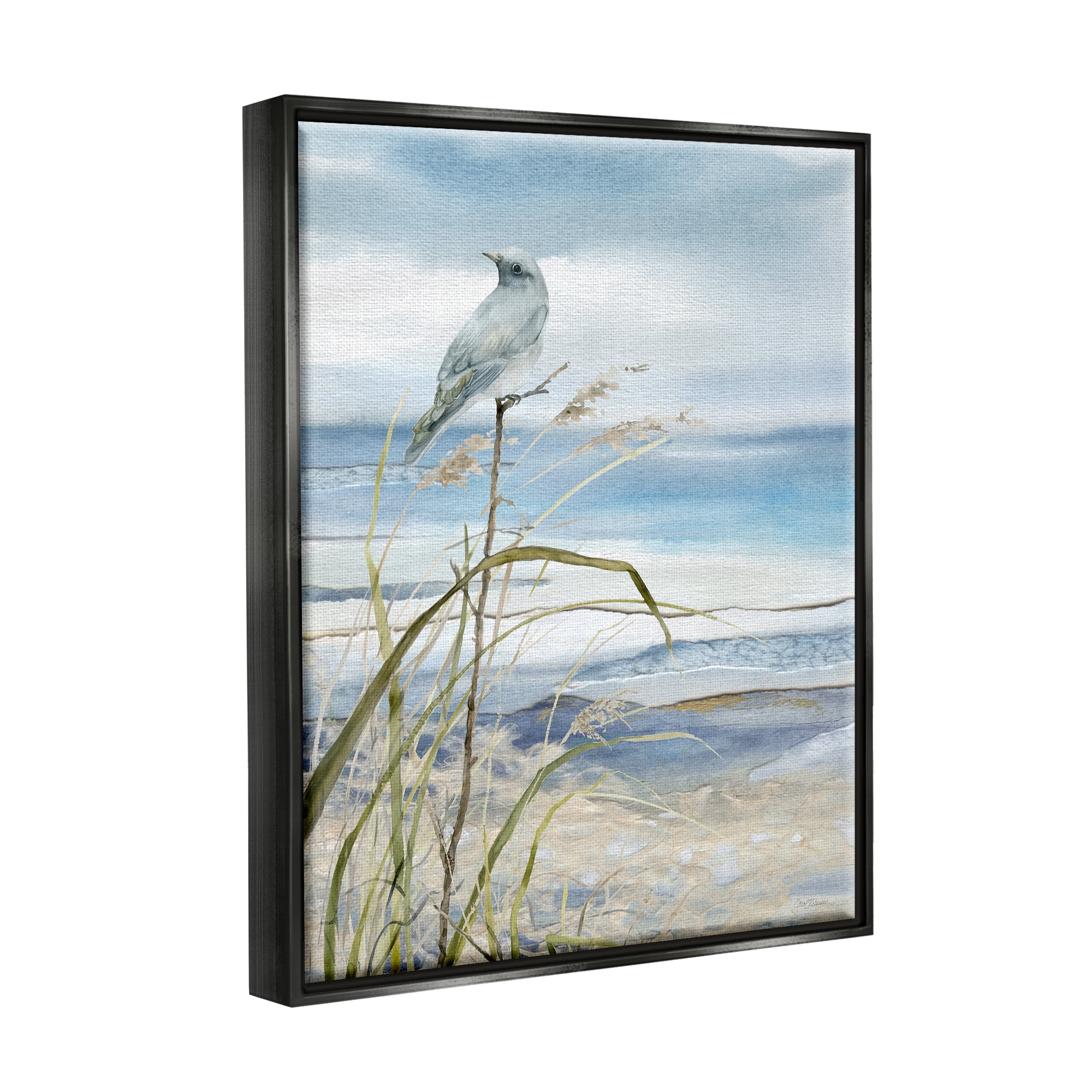 Stupell Industries Bird on Beach Shore Animals & Insects Painting Black Floater Framed Canvas Art Print Wall Art, 17 x 21