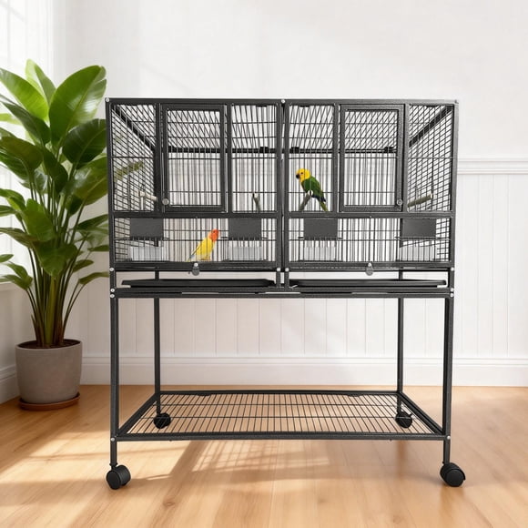 41 Inch Divided Breeding Flight Bird Cage with Rolling Stand, Detachable Breeder Parakeet Cage with Perches Food Boxes Slide-Out Tray, Large Bird Cages for Parrots Parakeet Finch Cockatiel