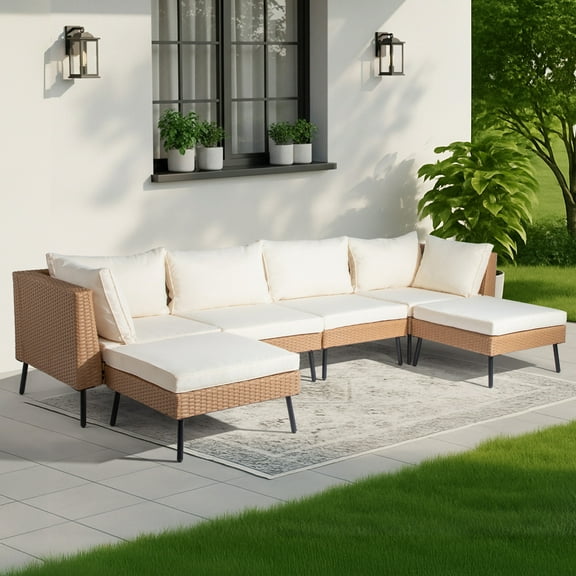 BAYUELSWU 6 Pieces Wicker Patio Furniture Set, All-Weather Outdoor Sectional Furniture Patio Conversation Set for Patio, Deck, Garden, Porch (White Cushions)