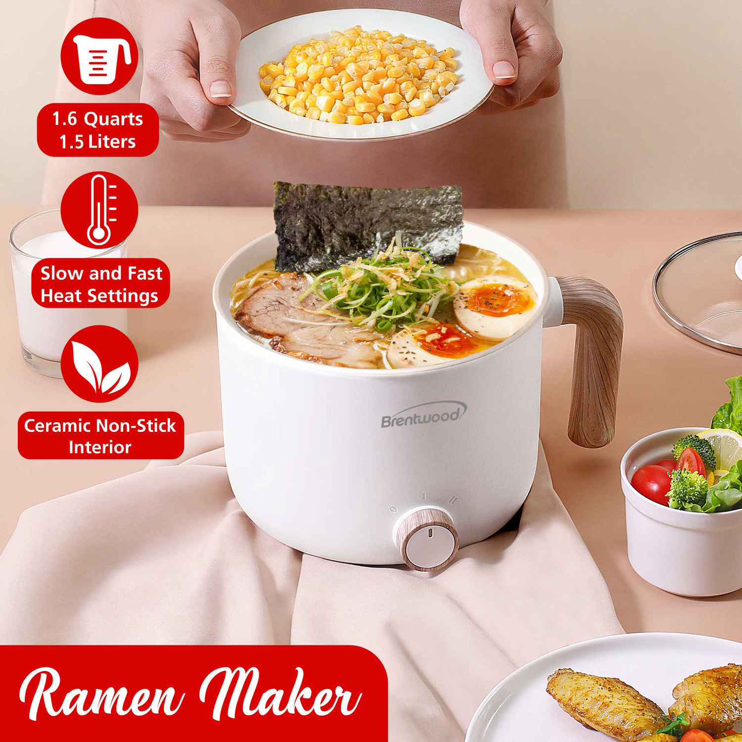 Brentwood 1.6-Qt. Multifunction Electric Ceramic Non-Stick Hot Pot Cooker with Stainless Steel Food Steamer, White