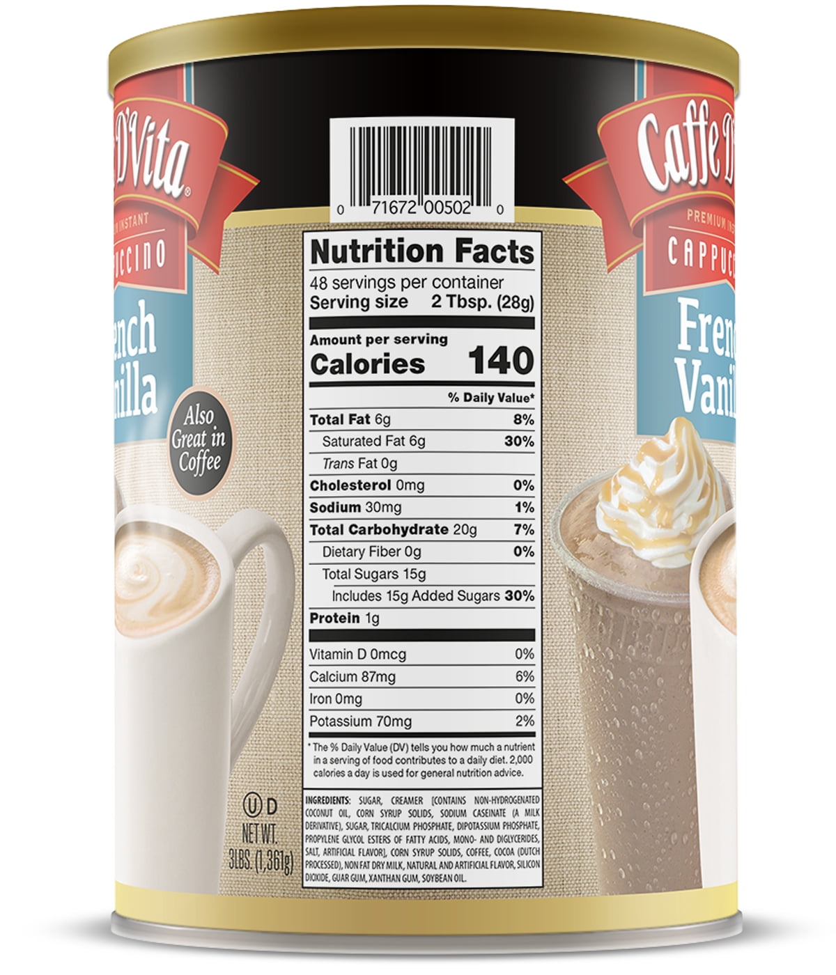 (4 Pack) Caffe D'Vita French Vanilla Cappuccino, 48 oz Canister
