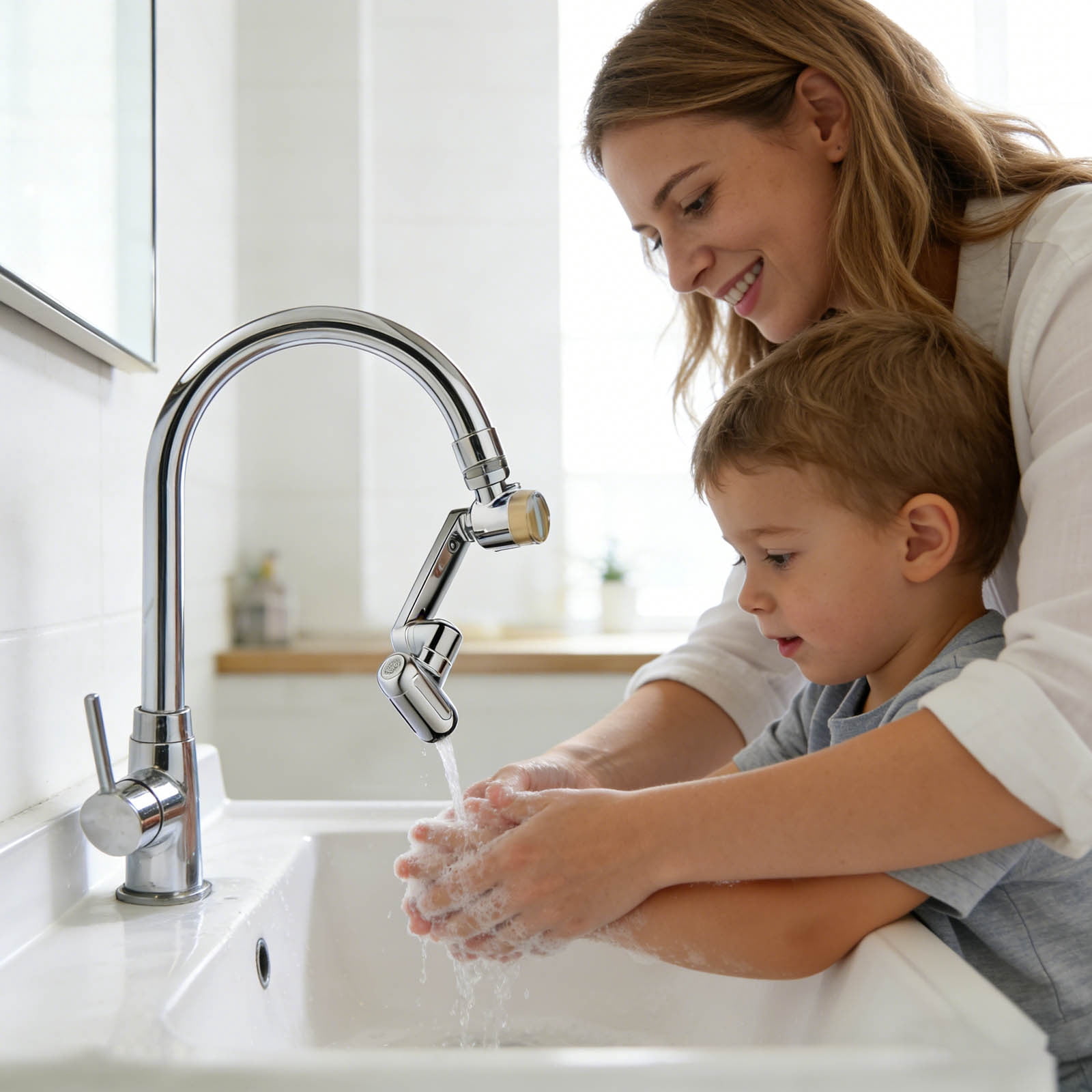 VMWMSSR Swivel Faucet Aerator Extension, Multi-Angle Adjustable Water Tap, Dual-Flow Anti-Splash Filter For Bathroom & Kitchen(Silver-9X5.4Cm)