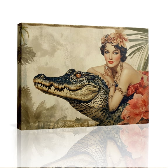 Wallume Store Luxury Vintage Pin-Up & Alligator Canvas - Living Room Wall Art