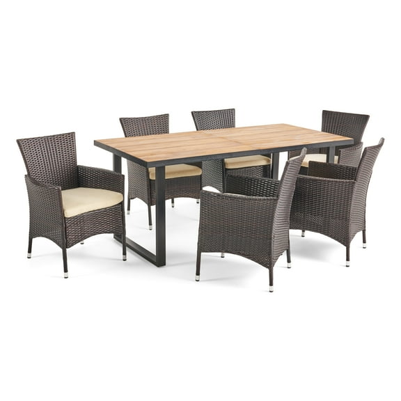 GDF Studio Waverley Outdoor Acacia Wood and Wicker 7 Piece Dining Set with Cushion, Teak, Multibrown and Beige