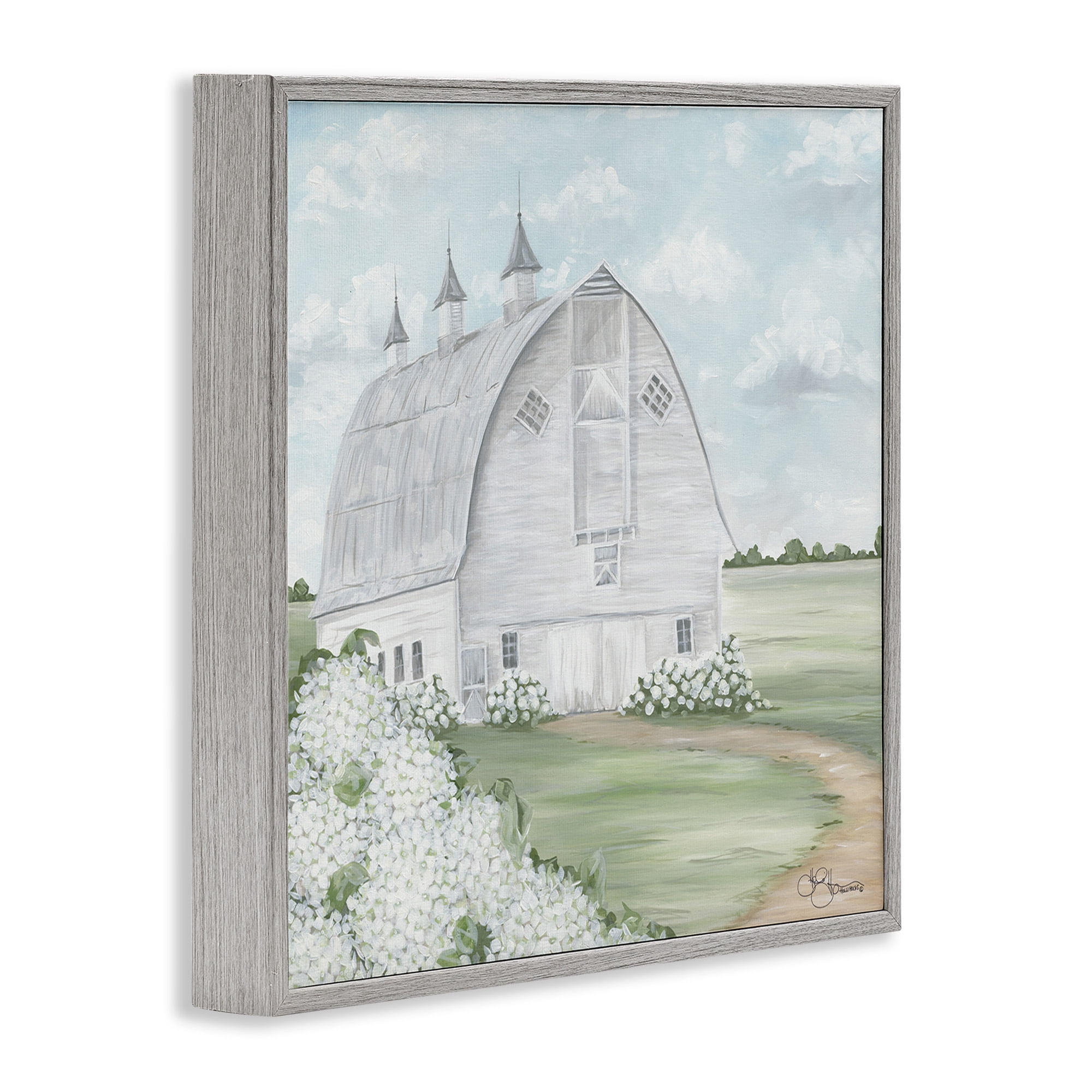 Stupell Industries Soft Country Landscape with Hydrangeas Landscape Painting Gray Framed Art Print Wall Art, 24 x 24