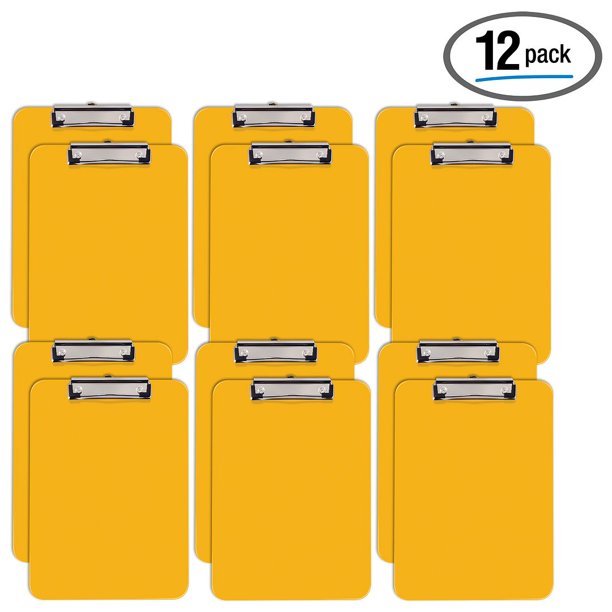 Yellow Plastic Clipboards, 12 Pack, Durable, 12.5 x 9 Inch, Low Profile