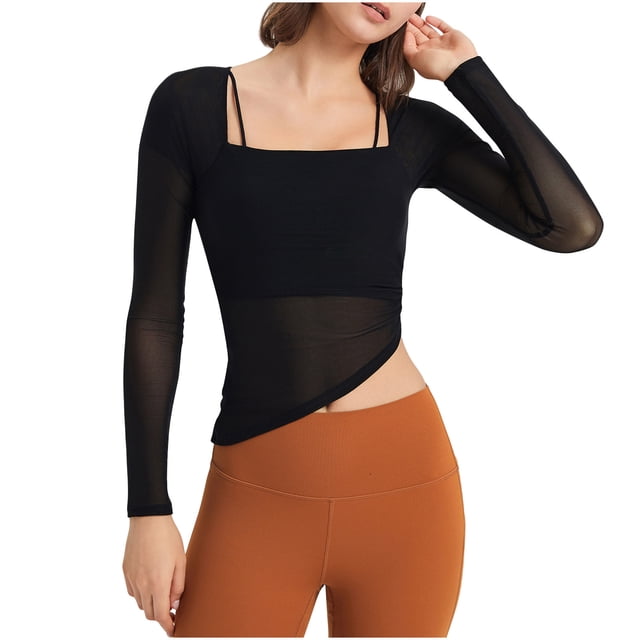Besolor Women's Square Neck Sheer Mesh Tops Slim Fitted Long Sleeve See Through Going out Blouse Shirt