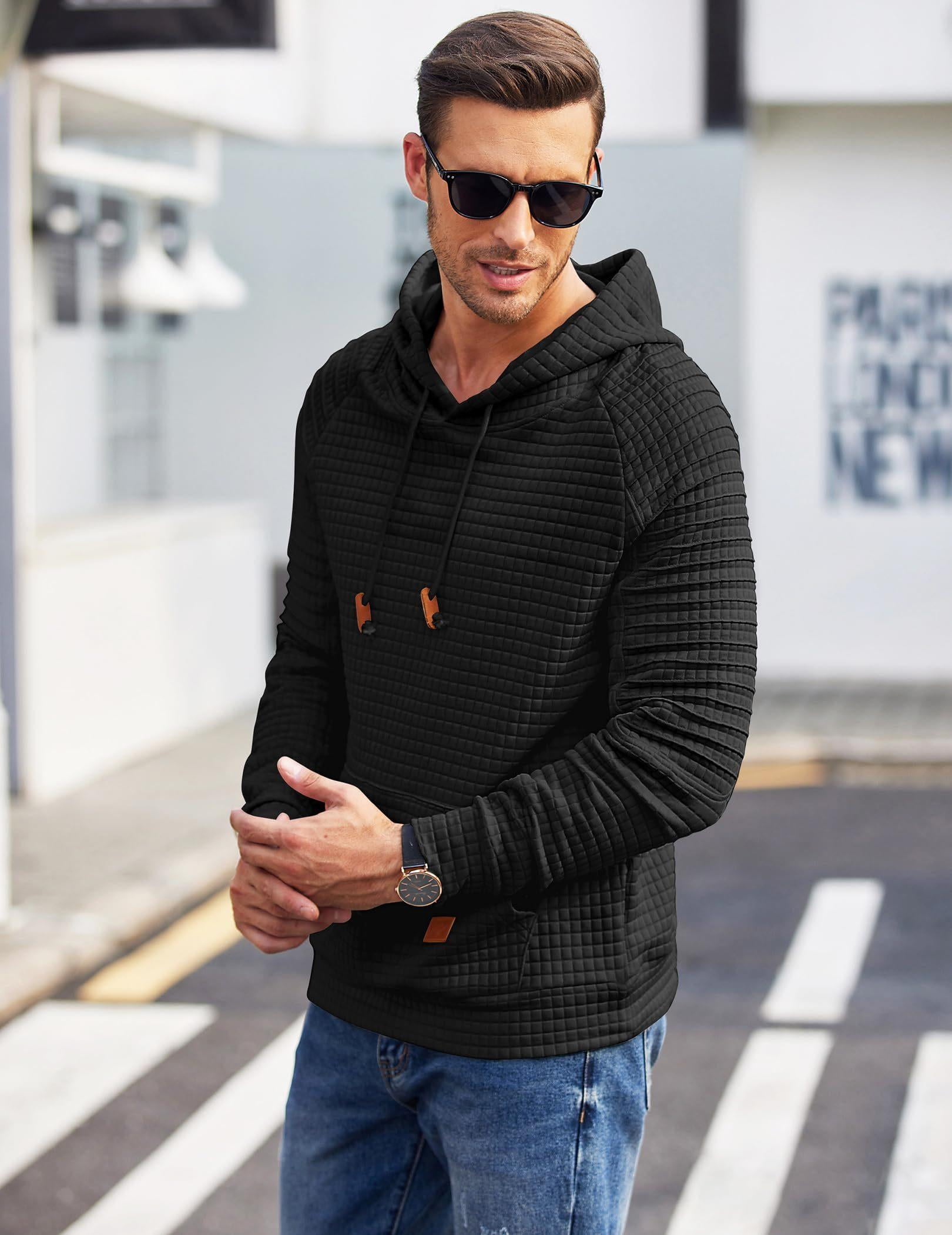COOFANDY Men's Knit Hoodie Pullover Hipster Hip Hop Long Sleeve Drawstring Waffle Hooded Sweatshirt with Kanga Pocket