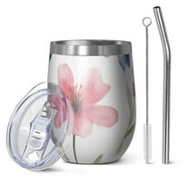 12oz Stemless Wine Tumblers Watercolor Floral Pattern Vacuum Insulated Stainless Steel Travel Tumbler Cups Mug with Lid and Straw for Champaign,Cocktail,Beer with Cleaning Brush