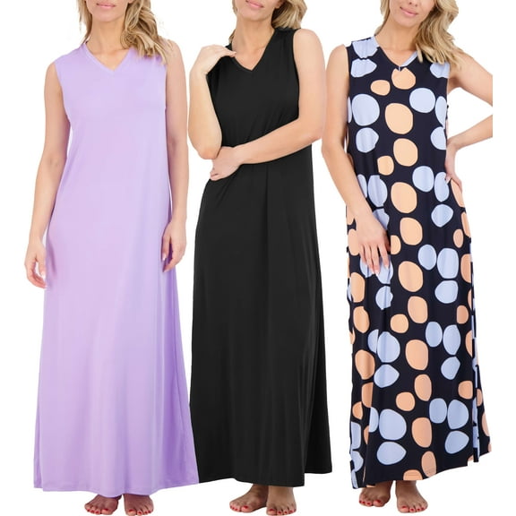 Real Essentials 3 Pack: Women's Soft Tank Nightgown Sleeveless Nightshirt Sleep Dress (Available In Plus Size)
