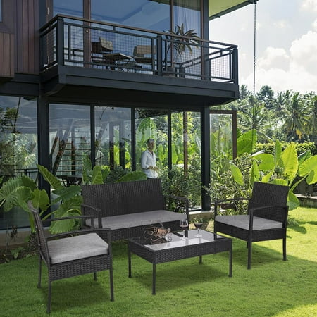Wicker Sofa Set Outdoor UBesGoo 4 PCS Rattan Patio Furniture Set Wicker Conversation Set Garden Lawn Outdoor Sofa Set Cushioned Seat Tempered Glass Table Top ()