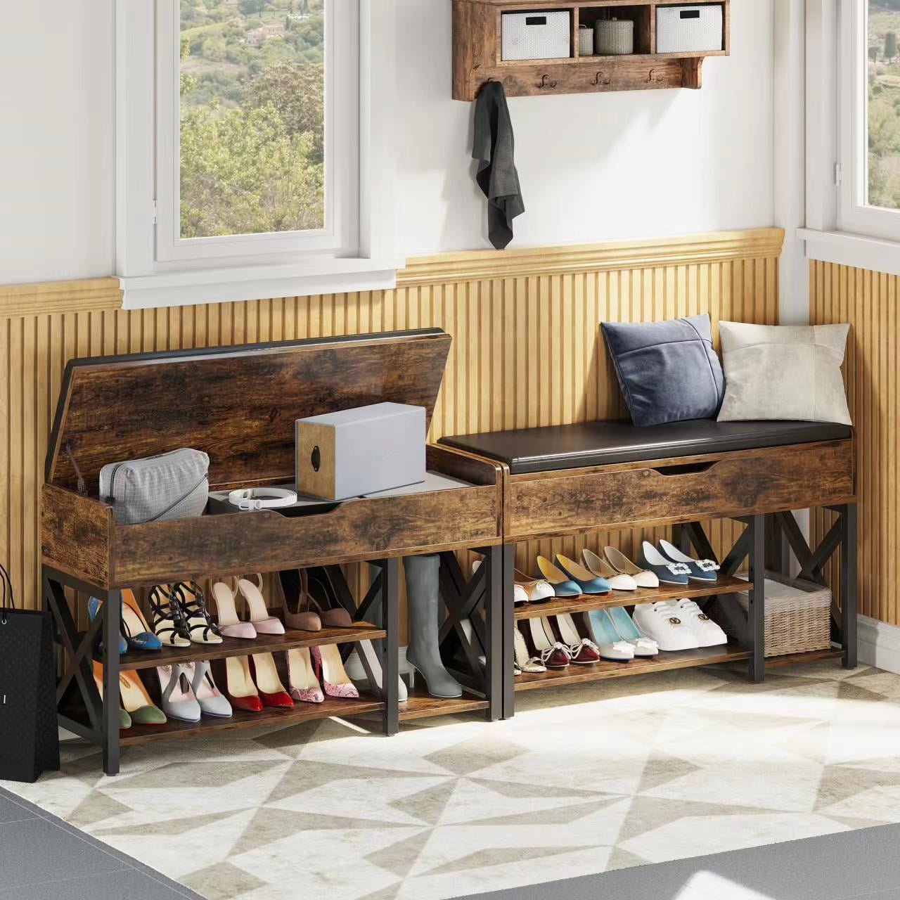 Shoe Bench, Lift Top Shoe Storage Bench, Adjustable Shelf Entryway Bench, Metal and Wood Shoe Rack Organizer with Cushion for Entry, Bedroom, Closet, Living Room, Hallway (Brown, 39.5“W)