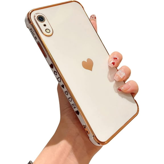 Phone Cases for iPhone XR 6.1" Plating Cute Love Heart Side Heart Print Design Luxury Camera Protection Anti-Fall Shockproof Soft Electroplated Silicone Cover Bumper-White