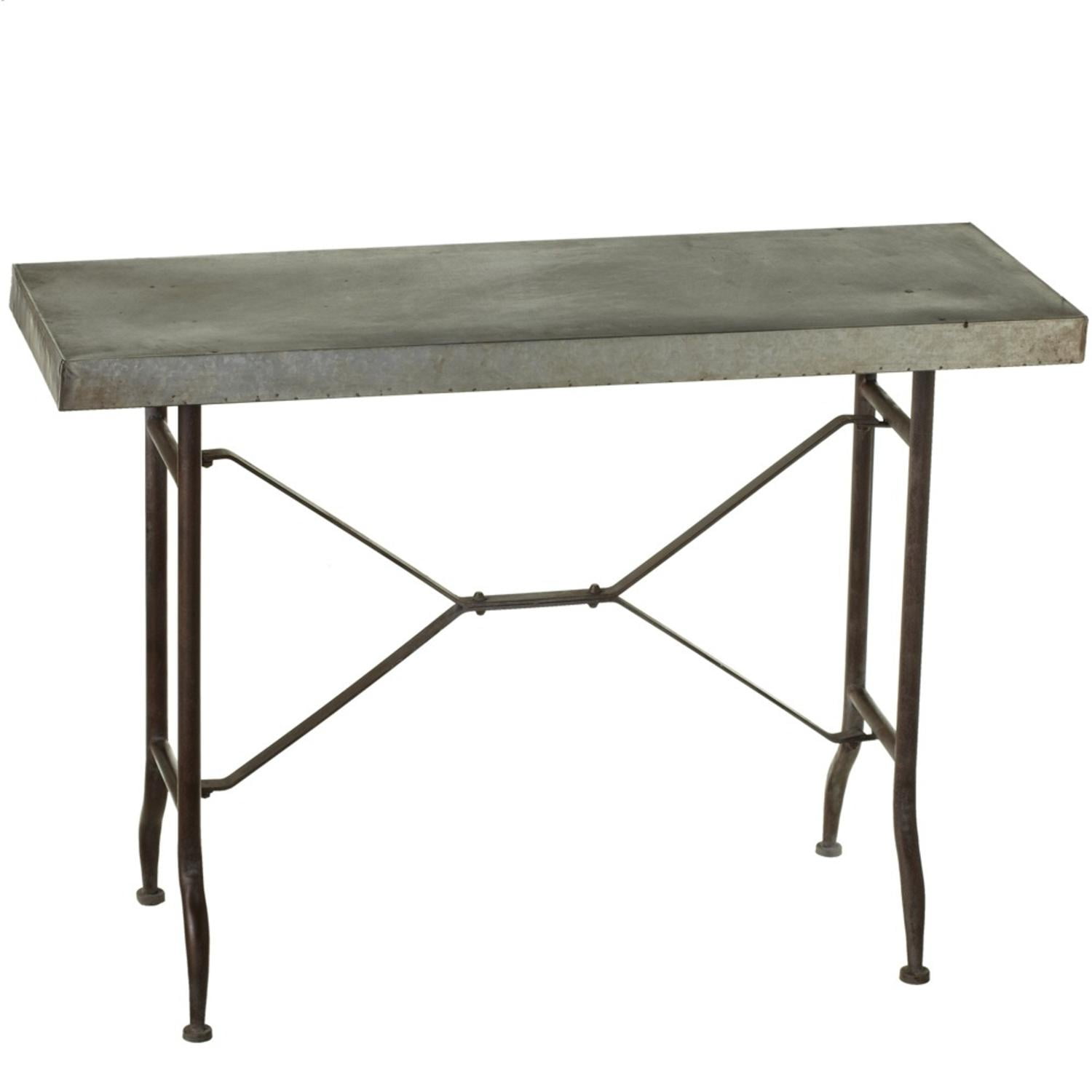 44" metal rectangular galvanized console table with iron scroll base