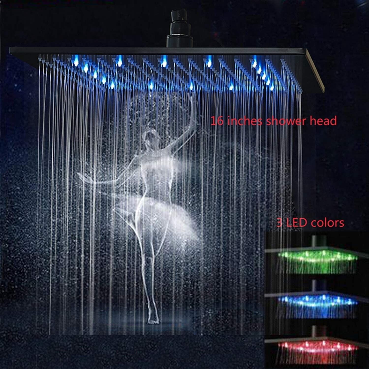 LED Black Square 16 Inch Rain Shower Head High Pressure Top Sprayer Solid Brass