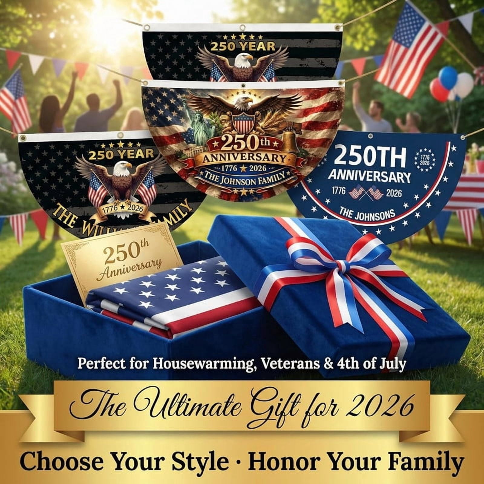 Win s Way 250th Anniversary Banner, Patriotic Decoration Flag 1776-2026 Polyester Indoor Outdoor Hanging Banner for July 4th Party Decor