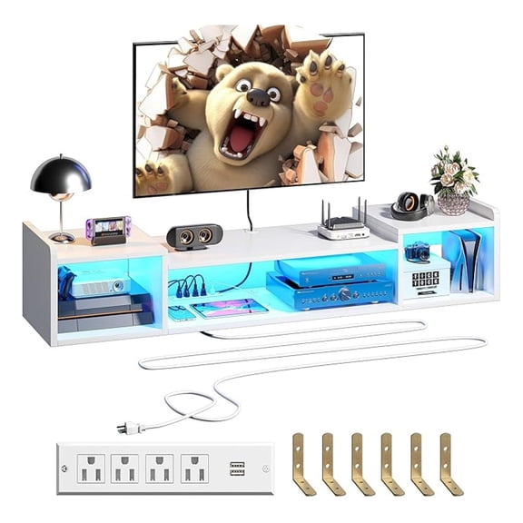 55" W Floating TV Stand with & Power Outlets Wall Mounted Entertainment Center for 50/55/60" inch TV Shelf, Long TV Stand for Living Room, Wood Media Console Shelf for Bedroom, White