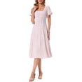 thumbnail image 2 of Puff Sleeve Dress for Women's Square Neck Summer Smocked Wedding A Line Midi Dresses with Pockets S Pink, 2 of 6