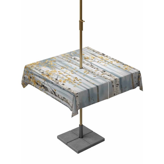 Outdoor Table Cloth with Umbrella Hole and Zipper, Yellow Grey Forest Waterproof Square Tablecloth 54"x54", Grey Modern Art Oil Painting Washable Table Cover for Outside Party Patio Picnic