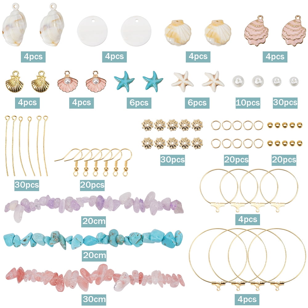 1 Box 10 Sets Ocean Earring Making Kit Summer Hawaii Seashell Charm Sea Shell Charms Starfish Charm Amethyst Turquoise Stone Chip Bead Glass Beads for DIY