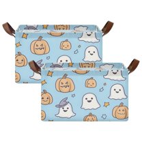 Yayeee Foldable Storage Basket for Shelves with Handles Set of 2 Waterproof Cloth Bins, Blue Halloween Ghosts