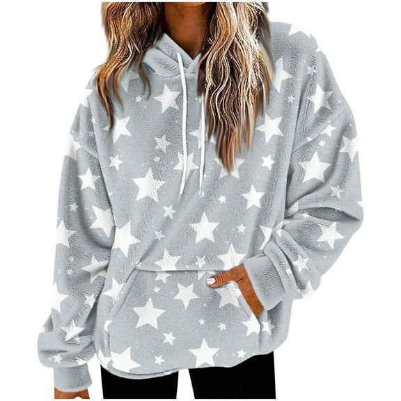 Ladies Stars Hoodie Warmth Plush Hooded Sweatshirt Oversize Loose Drop Shoulder Pullover Casual Long Sleeve Top Pocket Sweatshirt Top 2025 Fall Winter Clothing