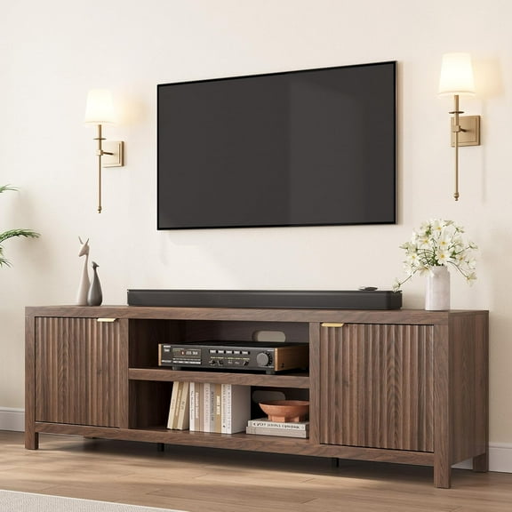 Fluted TV Stand for 80 in, Modern Entertainment Center with Storage, Wooden Media Console Cabinet with Fluted Door and Gold Handle for Living Room Bedroom, Walnut