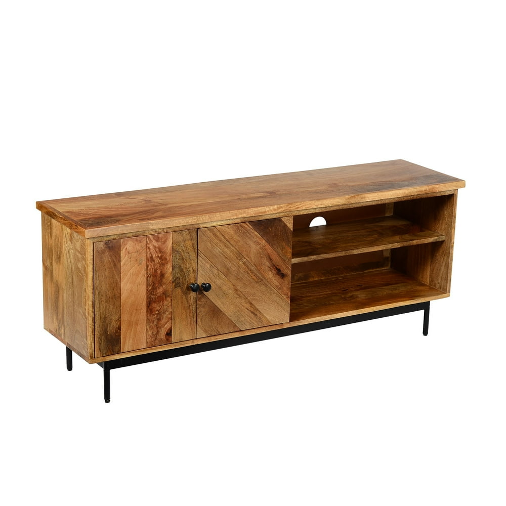 55 Inch Mango Wood TV Stand with 2 Open Compartments, Brown and Black ...