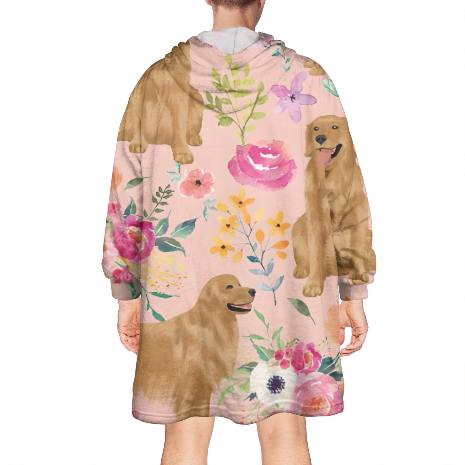 Wearable Oversized Blanket,Golden Retriever with Flowers Wearable Blanket Hoodie for Adults,Cozy Hooded Blankets with Super Pockets,Super Warm Fuzzy Pullover for Women & Men