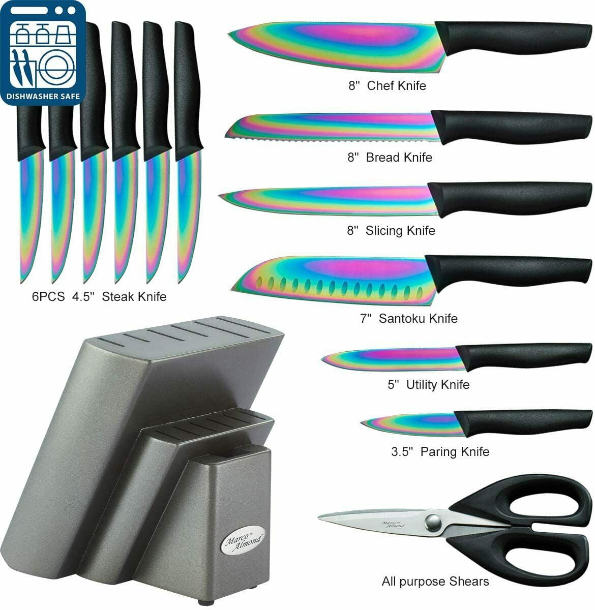 Dishwasher Safe Knife Set,Marco Almond KYA25 14-Piece Titanium Cutlery Rainbow Kitchen Knife Block Set,Black