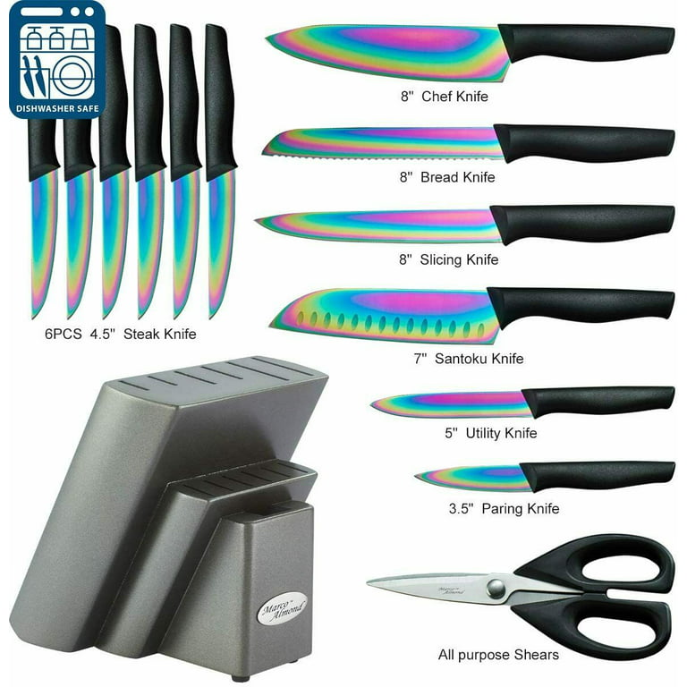 Knife Block Set, Marco Almond Knife Set Rainbow Color, 14 Piece Stainless  Steel Kitchen Knife Sets with Block, KYA27 Chef Cooking Steak Knives Set  for