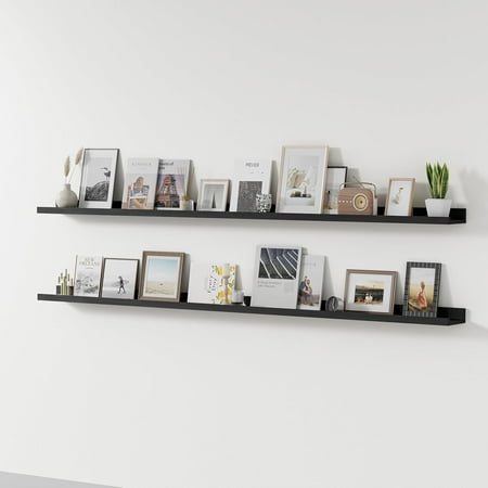 Long Floating Shelves for Wall, 72 inch Solid Wood Picture Ledge Shelf, Picture Shelf for Wall with Ledge, Floating Book Shelves for Living Room Bedroom Kitchen Nursery Decor, Black, Set of 2