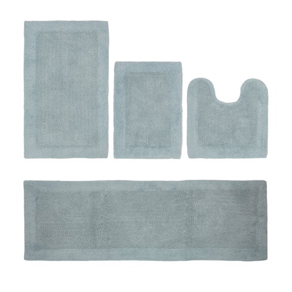 Better Trends 4 Piece Premium Bathroom Rug Set 100% Cotton Soft Tufted Bath Mat Water absorbent Reversible U shape Toilet Bath Rug Perfect for Bathroom, Shower and Bathtub Use, Blue - Edge Collection
