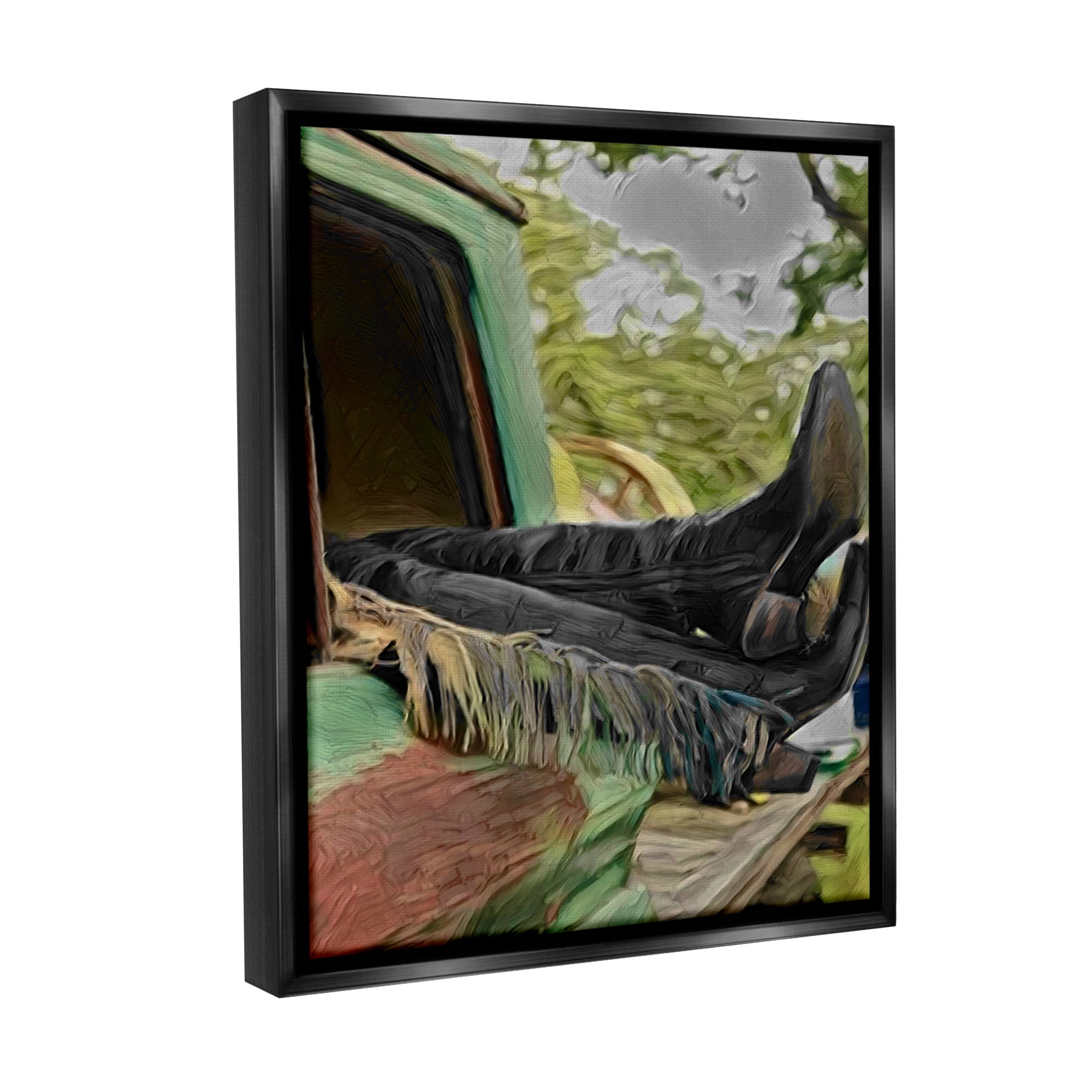 Stupell Industries Relaxing Cowgirl in Nature Transportation Painting Black Floater Framed Canvas Art Print Wall Art, 17 x 21