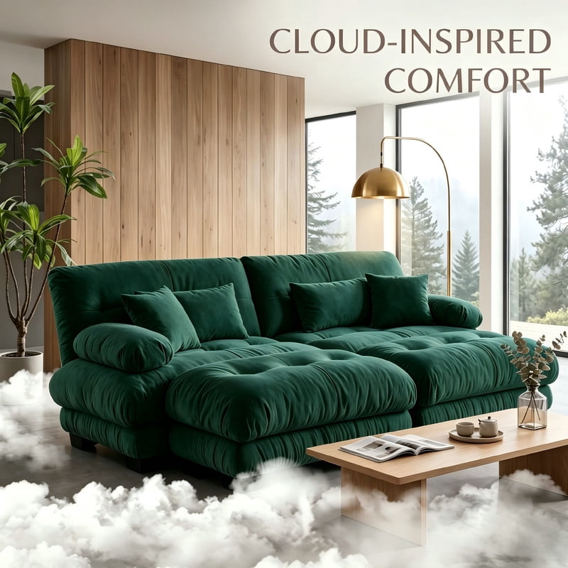 ANPPORT Cloud Couch Sleeper Sofa, Chenille Green 2-Seater Modular Sofa with 2 Ottomans, 2 Lumbar pillows, 2 Pillows, Comfy Deep Seat Cloud Sofa, Convertible L-Shaped Floor Couch for Living Room