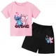 thumbnail image 2 of Conjunto de 2 camisetas y pantalones cortos de Disney Stitch para niños de 2 a 12 años, ropa informal de verano de manga corta con estampado de anime para niños, 2 of 4