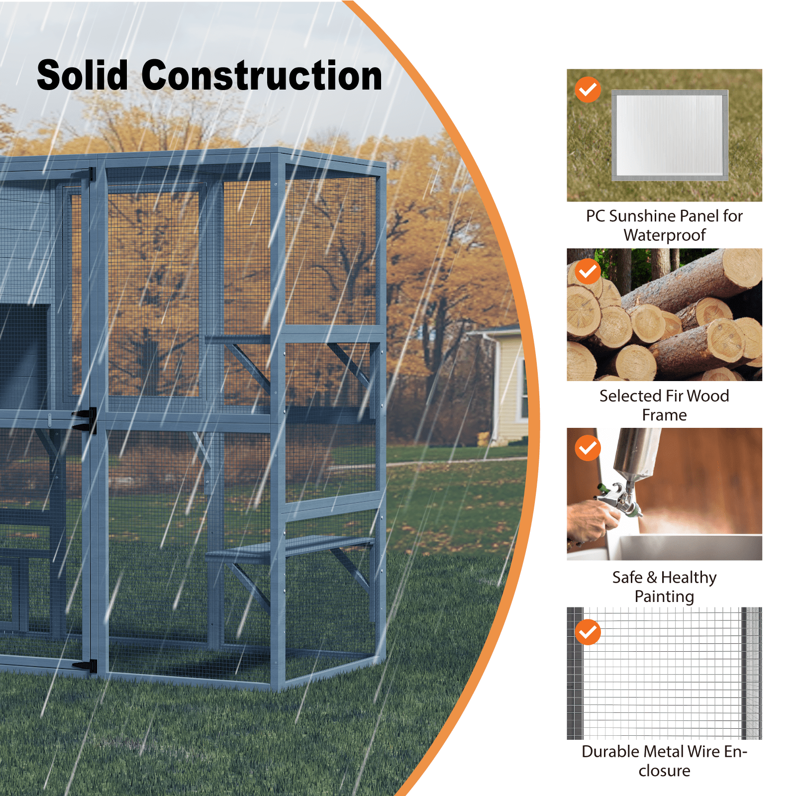 TIMHAKA Catio Outdoor Cat Enclosure Large Wooden Cat House for Mulitiple Cats w/ Resting Box, Platform, Waterproof Roof & Large Door, Gray